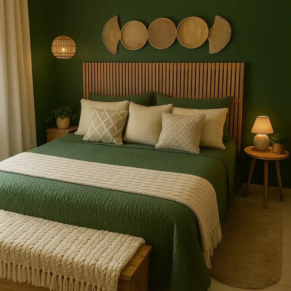 Quarto com cabeceira ripada de madeira, parede e roupa de cama verde