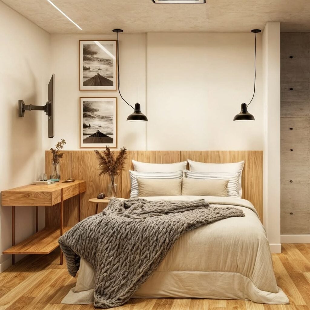 Quarto em tons neutros com quadros na parede e cabeceira amadeirada com escrivaninha