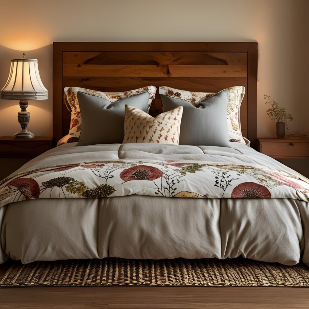 Cama com cabeceira de madeira, almofadas cinza e edredom com flores