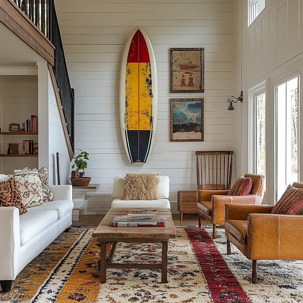 Sala de casa de praia com grande tapete, sofá branco e poltronas marrom