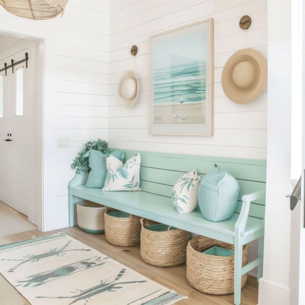 Entrada de casa de praia com banco azul, almofadas, cestos de vime e tapete em azul e branco