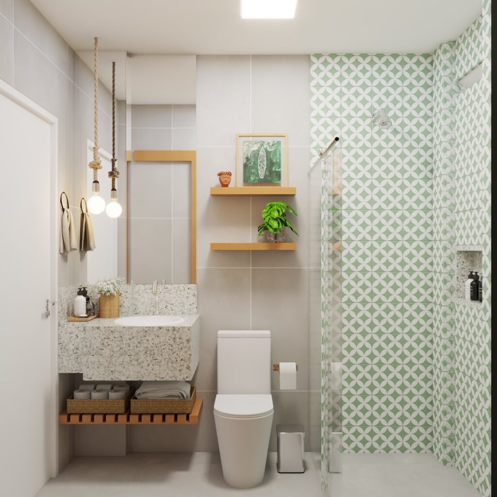 Banheiro com revestimento em branco e verde na área do box e detalhes em madeira