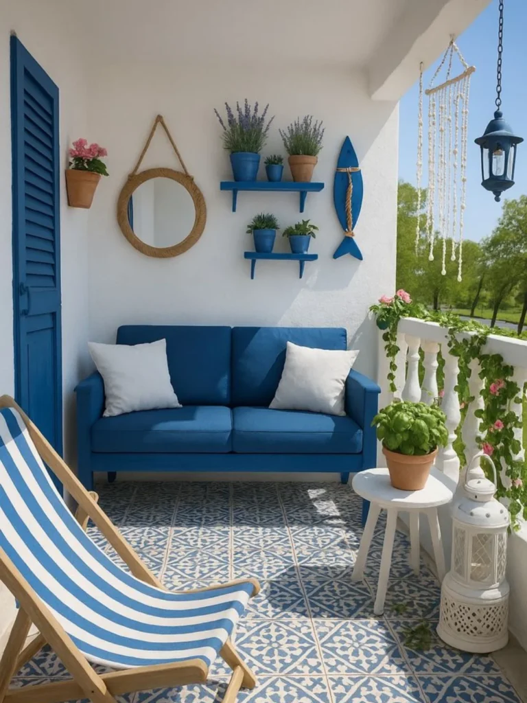 Varanda com sofá azul e almofadas brancas, cadeira listrada em azul e branco e espelho na parede