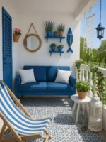 Varanda de casa de praia em azul e branco, com sofá, almofadas, cadeira e espelho redondo