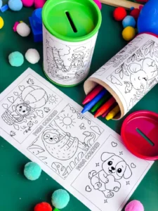Cofrinho com giz de cera e desenhos para colorir