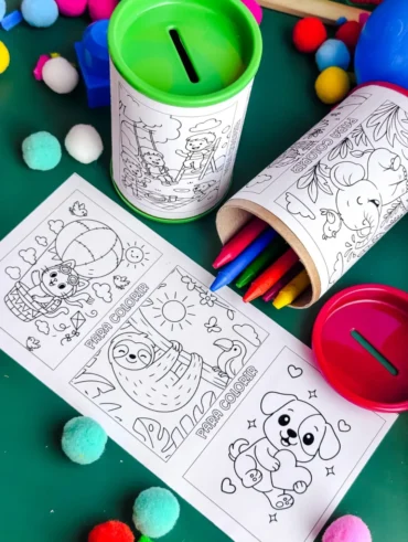 Cofrinho com giz de cera e desenhos para colorir
