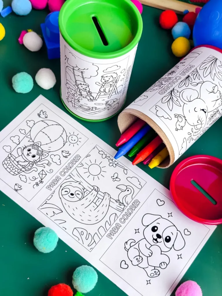 Cofrinho com giz de cera e desenhos para colorir