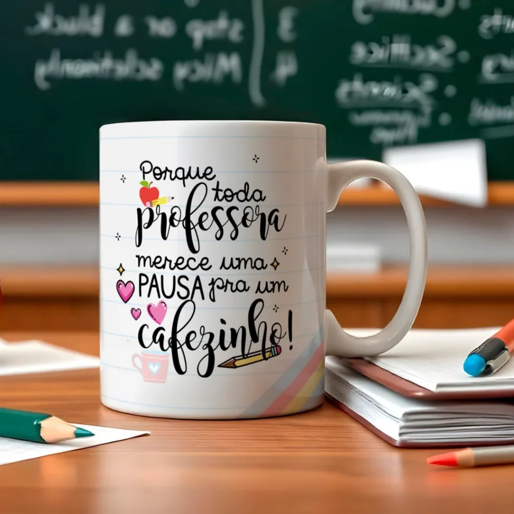 Caneca branca com mensagem para o dia dos professores