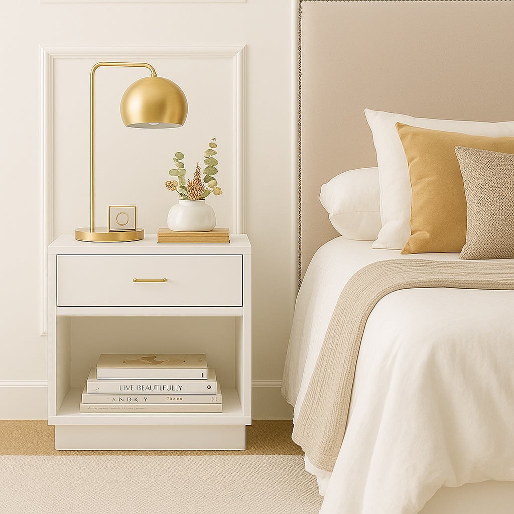 Quarto claro com mesa de cabeceira branca, linhas retas e uma gaveta