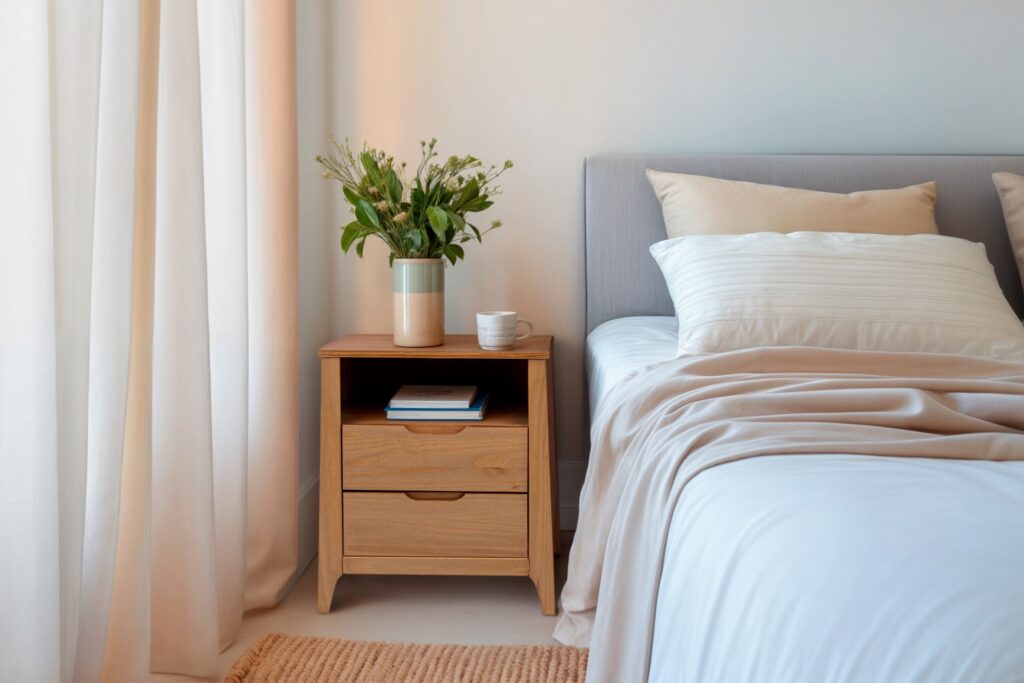 Quarto com mesa de cabeceira de madeira com duas gavetas e vaso de plantas