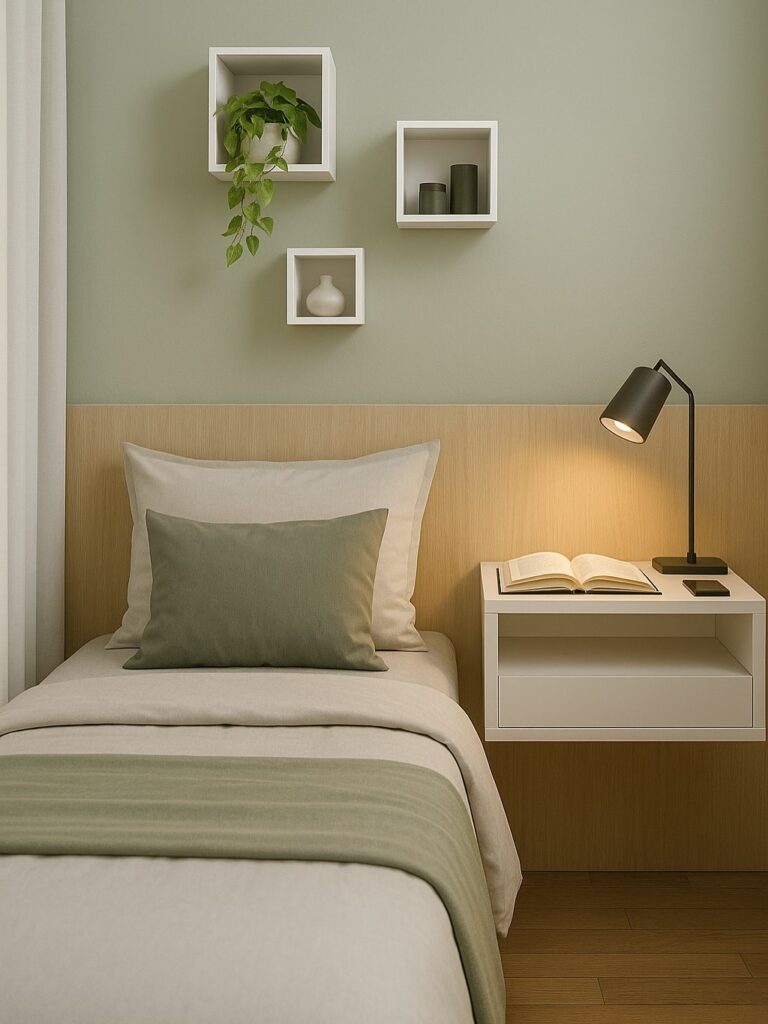 Cama de solteiro com mesa de cabeceira suspensa branca com luminária e livro