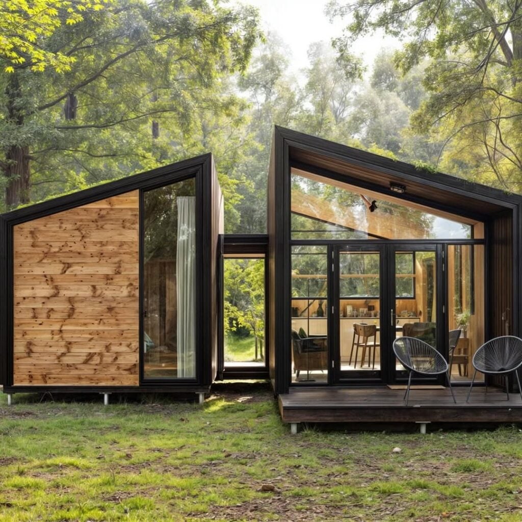 Casa modular com estrutura de metal e uso da madeira