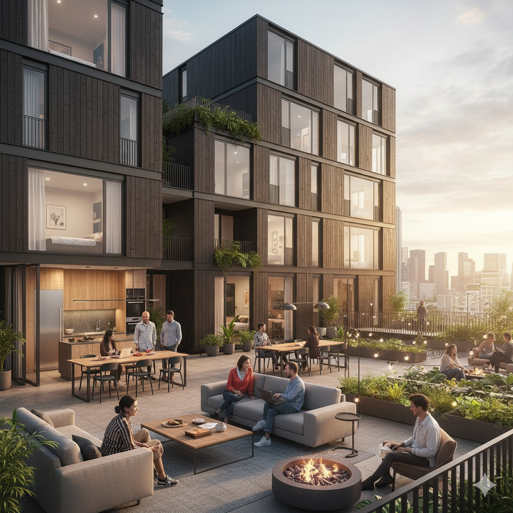 Ideia de coliving, área externa com sofás e mesas