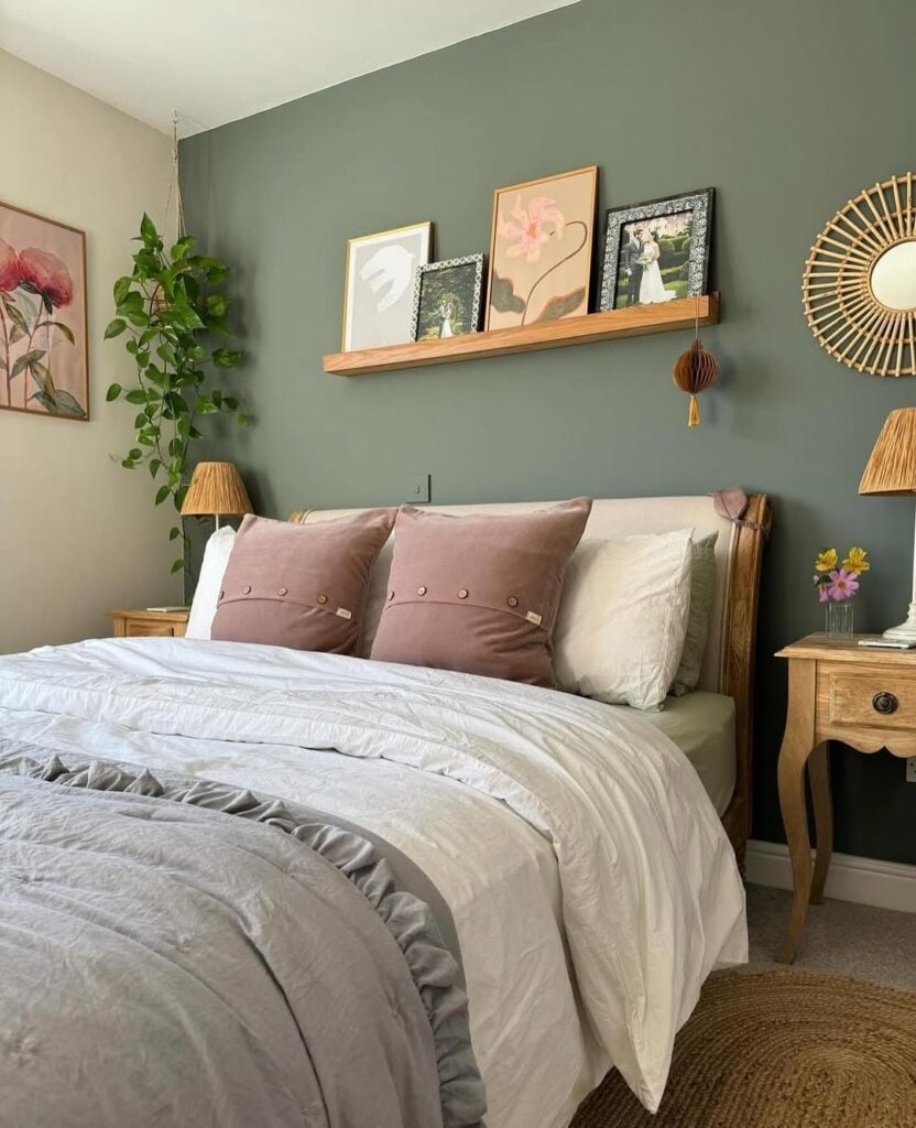 Quarto com parede verde, prateleira de madeira e quadros