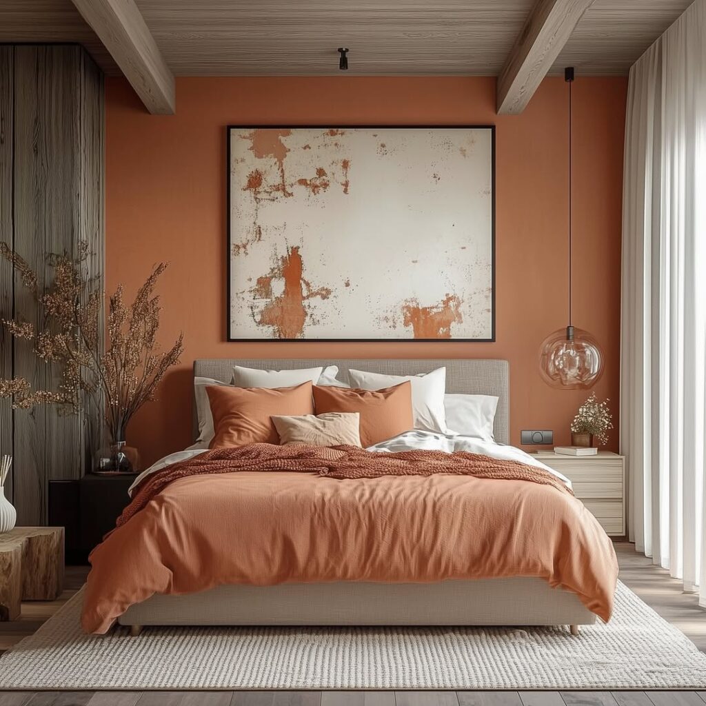 Quarto de casal com parede e roupa de cama em tom de pêssego, quadro acima da cabeceira e pendente circular
