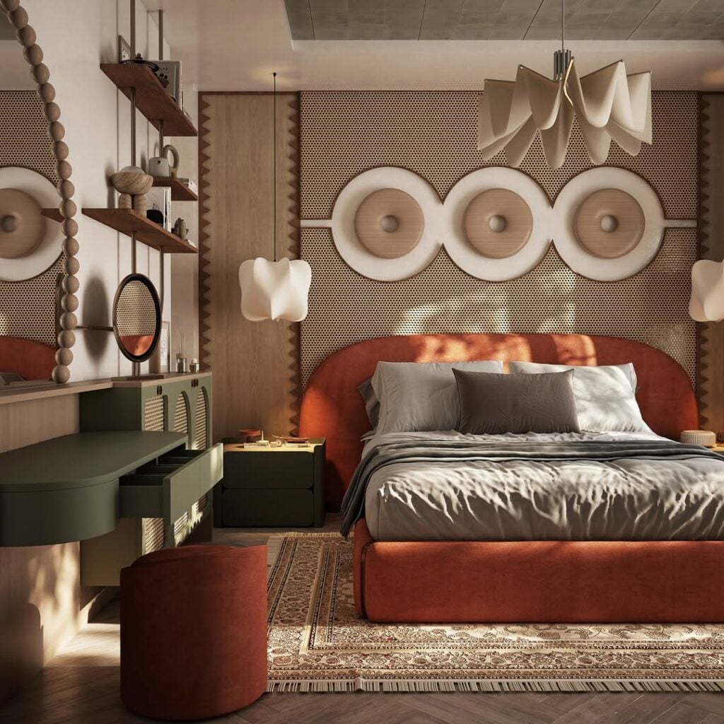 Quarto de casal com cama em cor terracota, pendente com design diferenciado e prateleiras de madeira