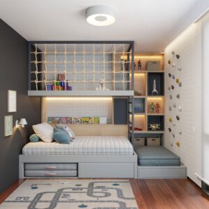 Quarto de menino em tons de cinza e branco com nichos e brinquedos