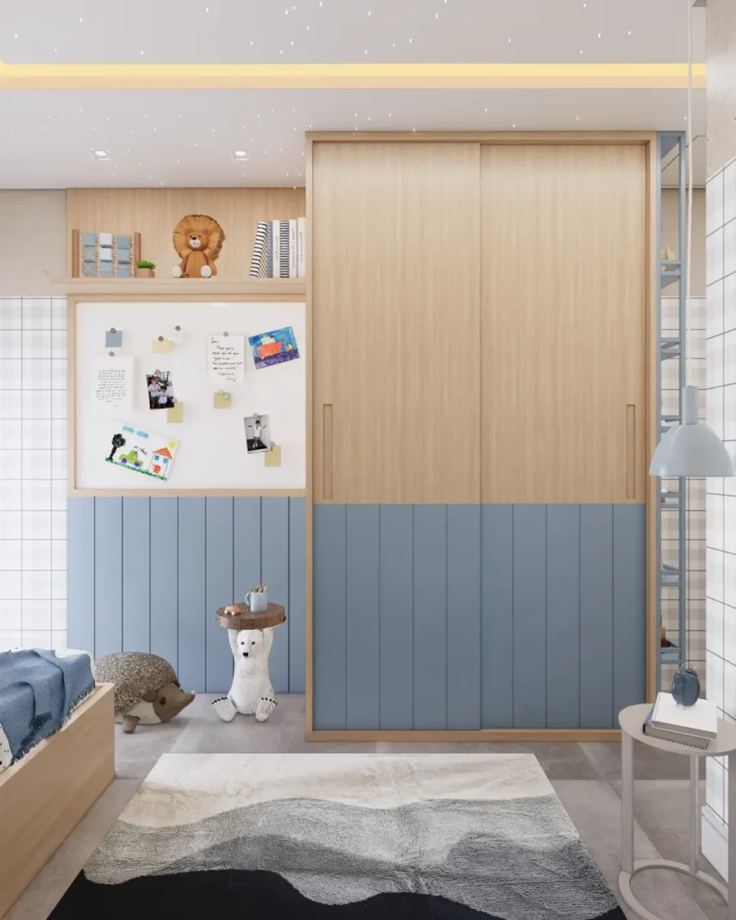 Quarto com armário em tom amadeirado e azul