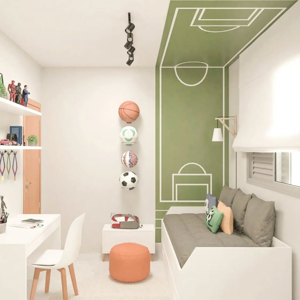 Quarto branco com uma quadra em verde pintada na parede e teto