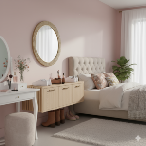Quarto feminino com parede rosa-claro, cabeceira capitonê e sapateira suspensa de madeira