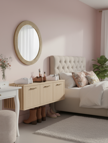 Quarto feminino com parede rosa-claro, cabeceira capitonê e sapateira suspensa de madeira