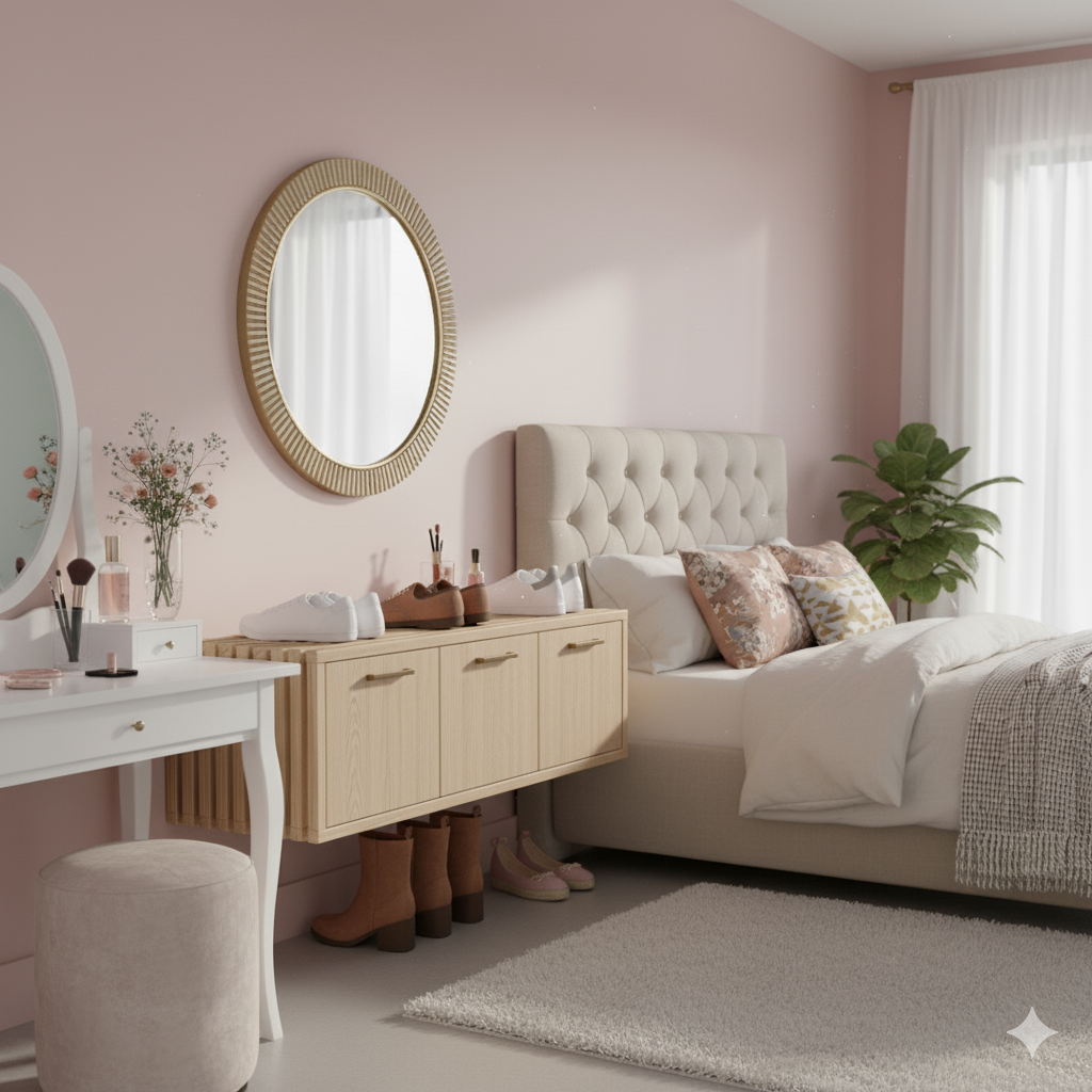 Quarto feminino com parede rosa-claro, cabeceira capitonê e sapateira suspensa de madeira