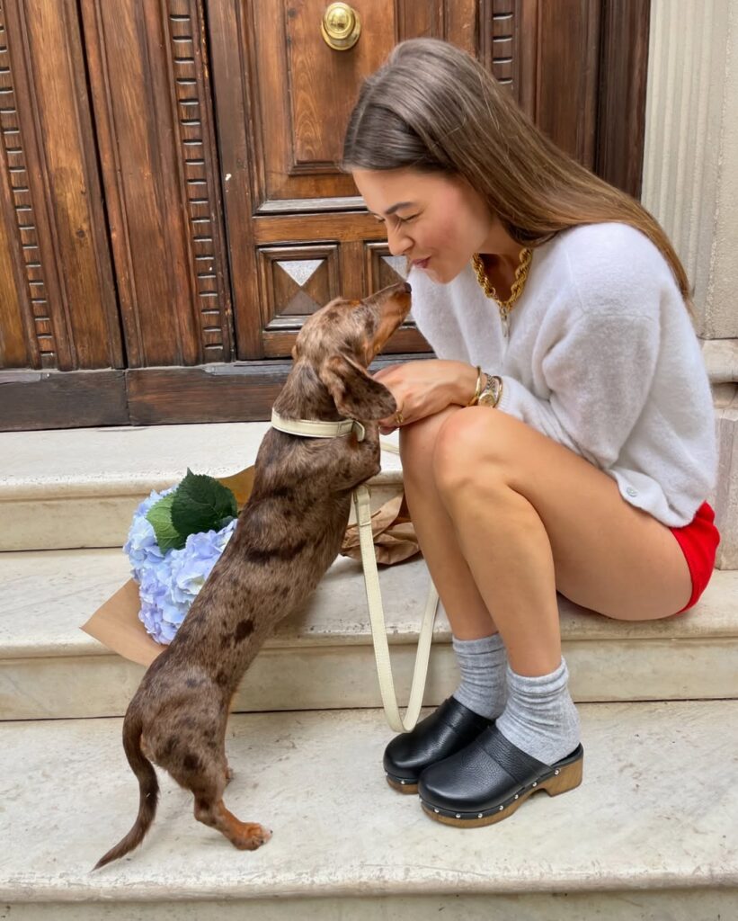 Mulher jovem sentada em degrau de escada. Ela usa suéter claro, hot pant, tamanco com meias e está com um cachorrinho