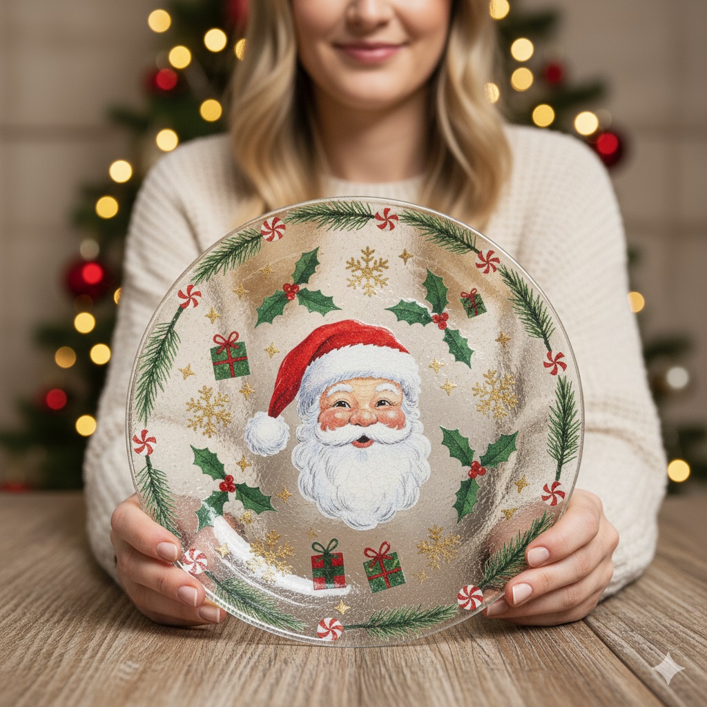 Mulher segurando um prato de vidro decorado com Papai Noel, presentinhos e outros elementos natalinos