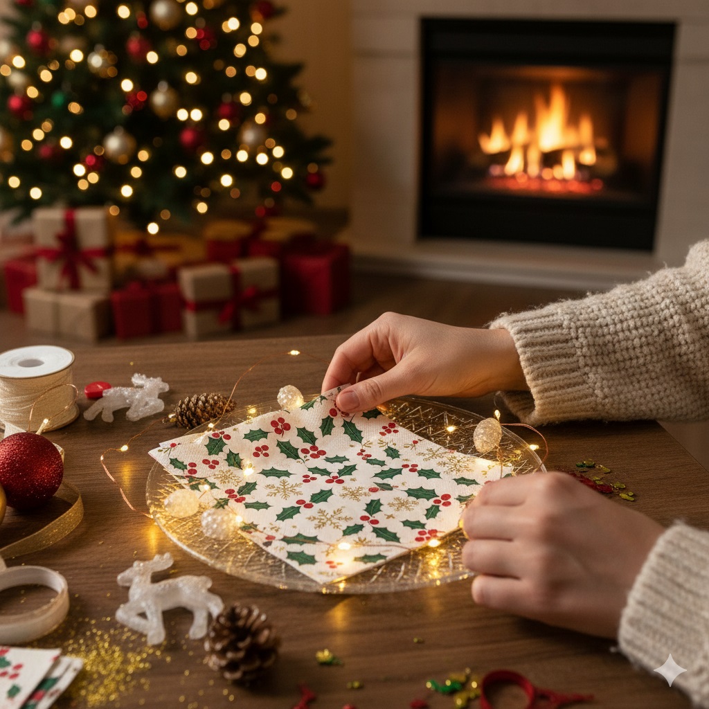 Mãos femininas segurando um guardanapo de papel temático de Natal, com uma árvore natalina e lareira ao fundo