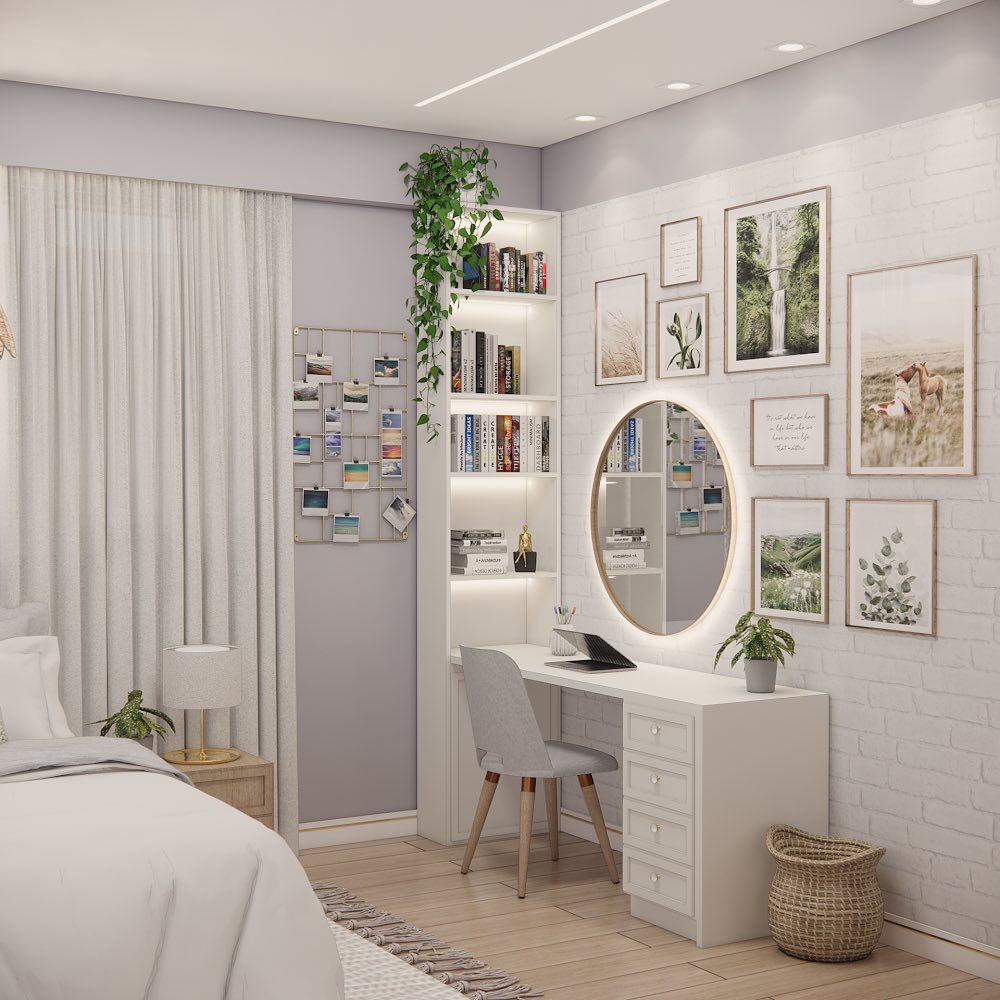 Quarto branco com quadros na parede, espelho redondo com led e cesto em fibras naturais