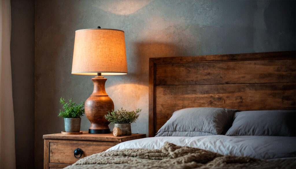 Quarto com cabeceira e mesa de cabeceira de madeira e abajur