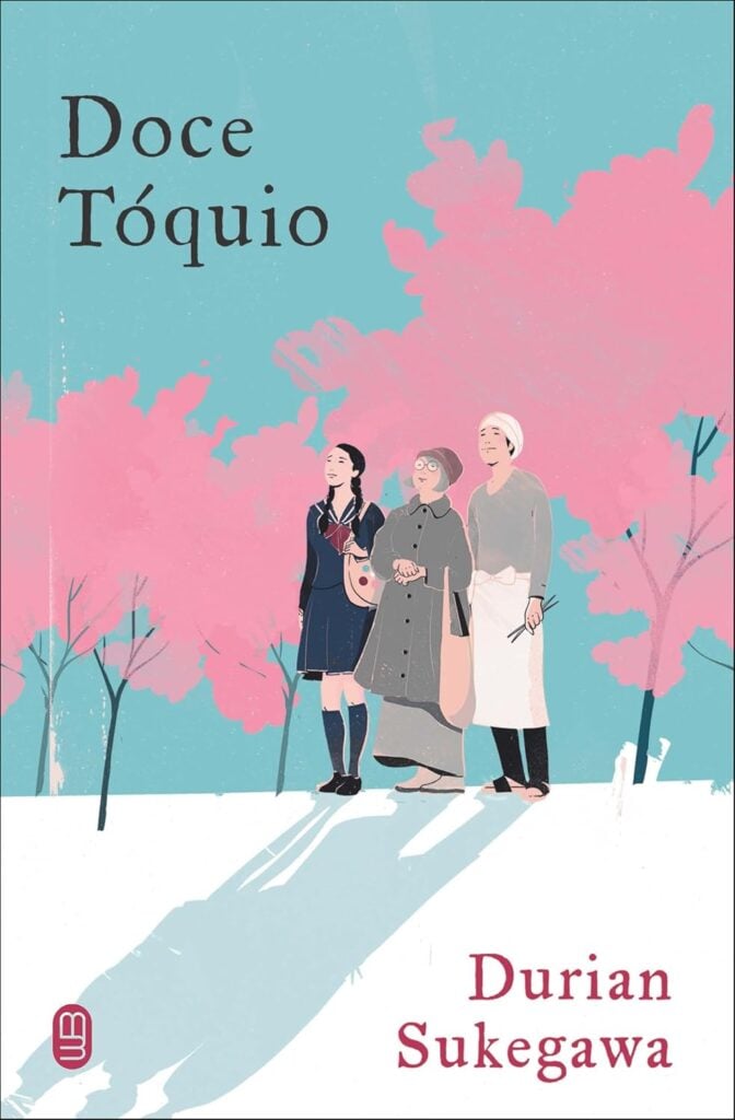 Capa do livro Doce Tóquio, em rosa, azul e branco