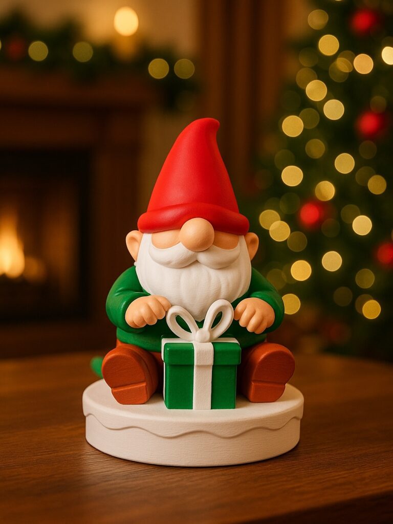 Duende natalino com gorro vermelho e presentes verde