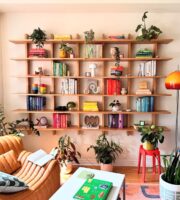 Sala de estar com estante e livros de capas coloridas