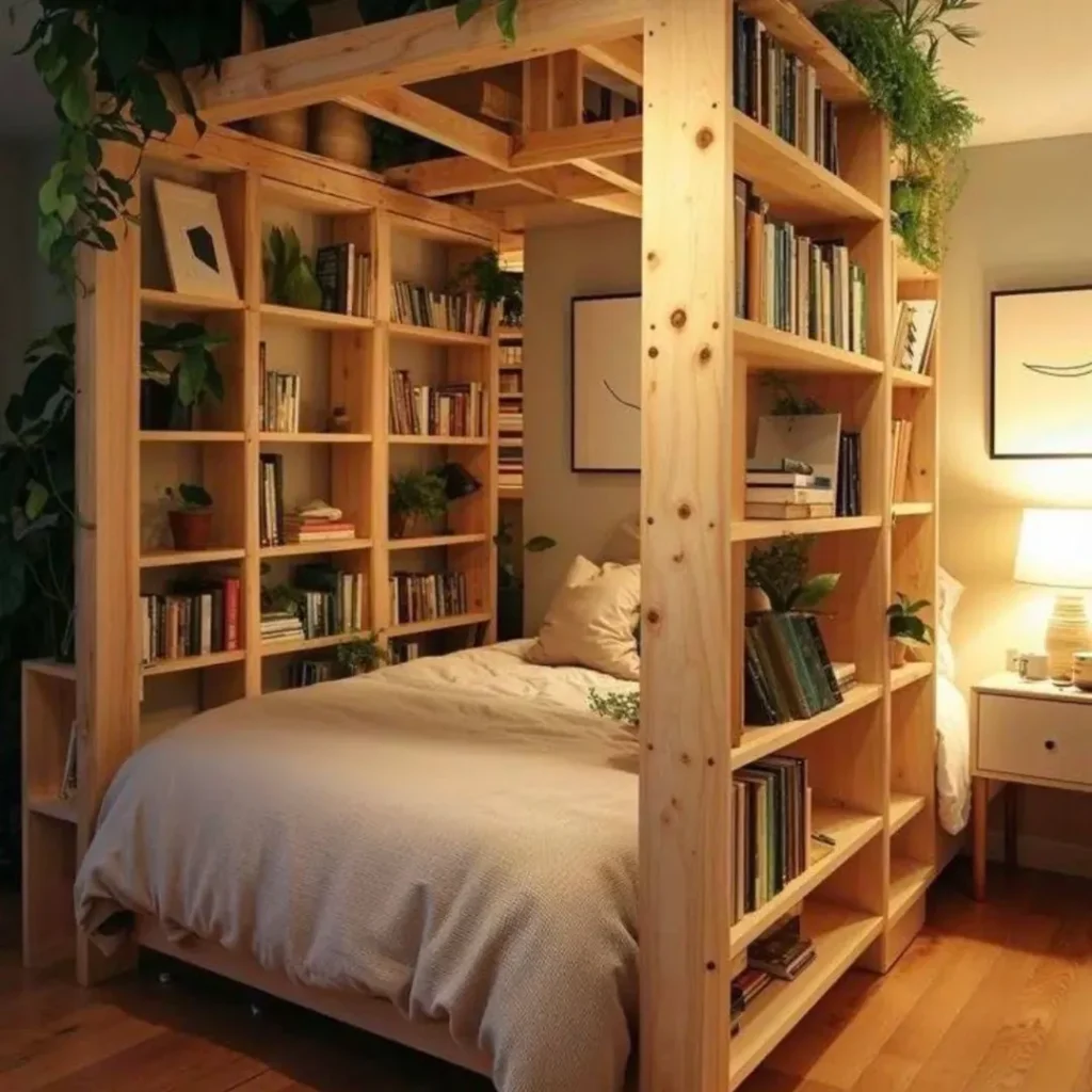 Quarto com estante de livros de madeira ao redor da cama