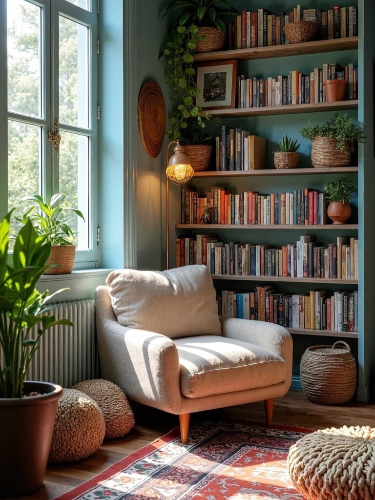 Cantinho com poltrona, plantas e estante com livros