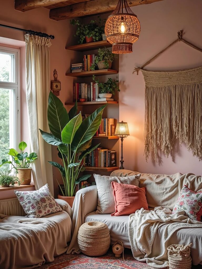 Sala com sofás, almofadas, mantas, macramê na parede e estante com livros no canto
