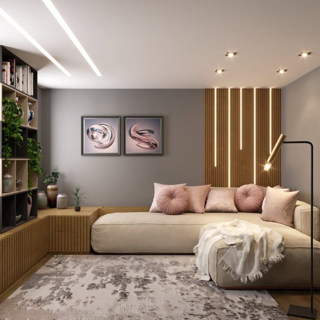 Sala com sofá em L, luminária de piso, painel ripado com led