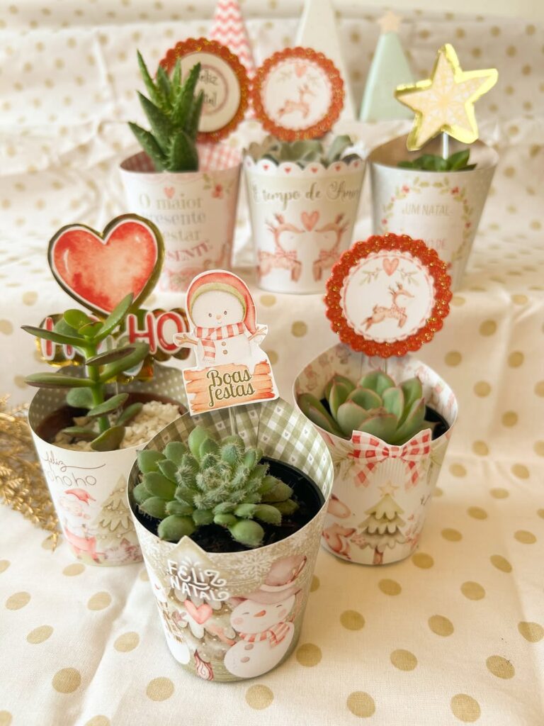 Vasinhos com suculentas e decoração natalina