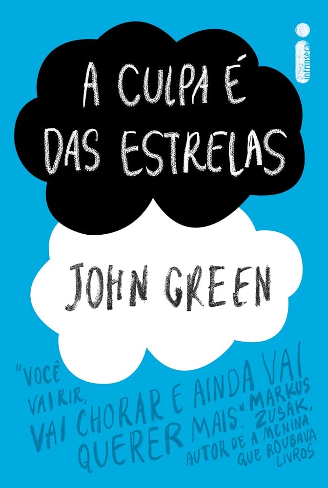 Capa do livro A culpa é das estrelas em azul, preto e branco