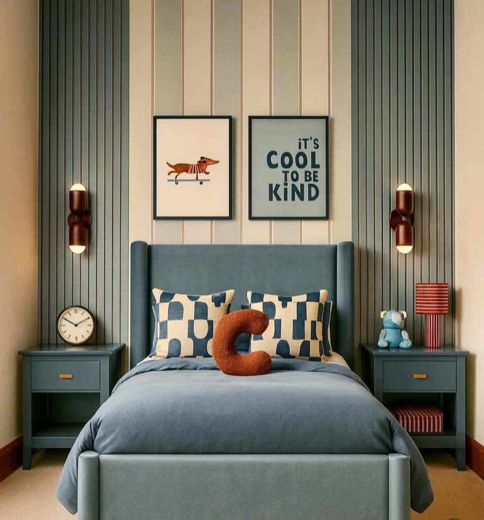 Quarto de menino com cama e mesas de cabeceira em azul, paineis ripados na parede e quadros decorativos