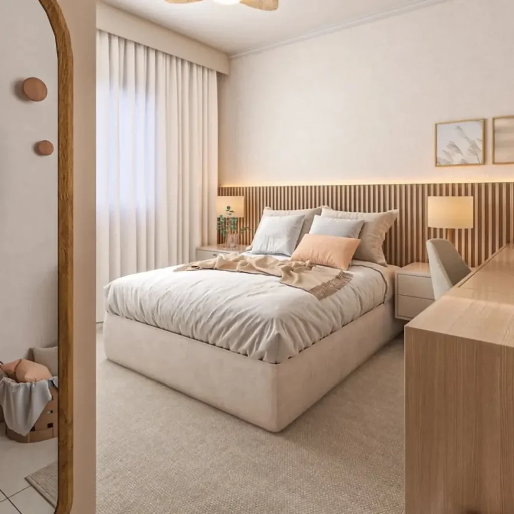 Quarto aconchegante com meia parede ripada e luz de led