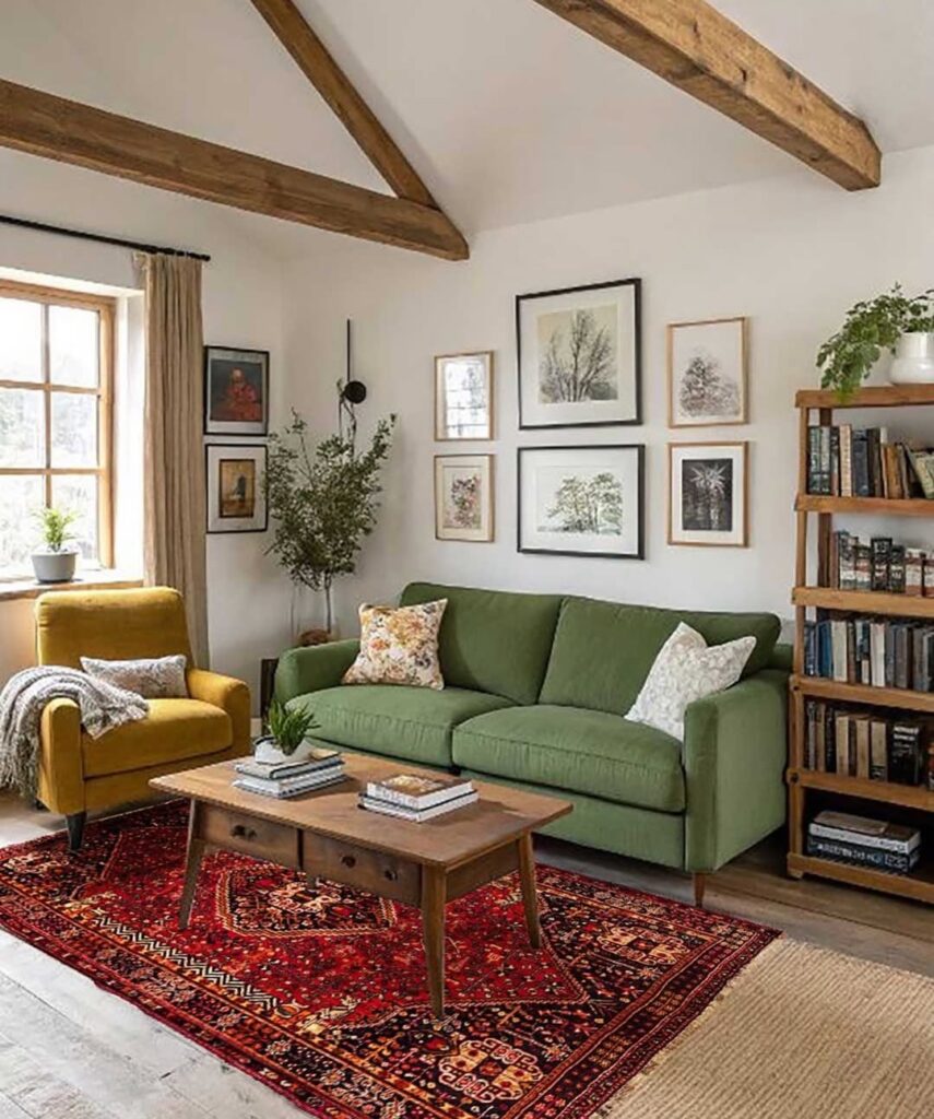 Sala de estar com sofá verde e poltrona amarela, tapete com tons de vermelho e mesa de centro de madeira