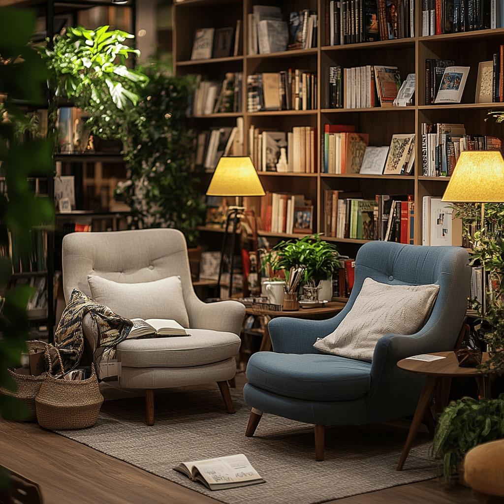 Sala com estantes de libros, abajures e poltronas cinza e azul