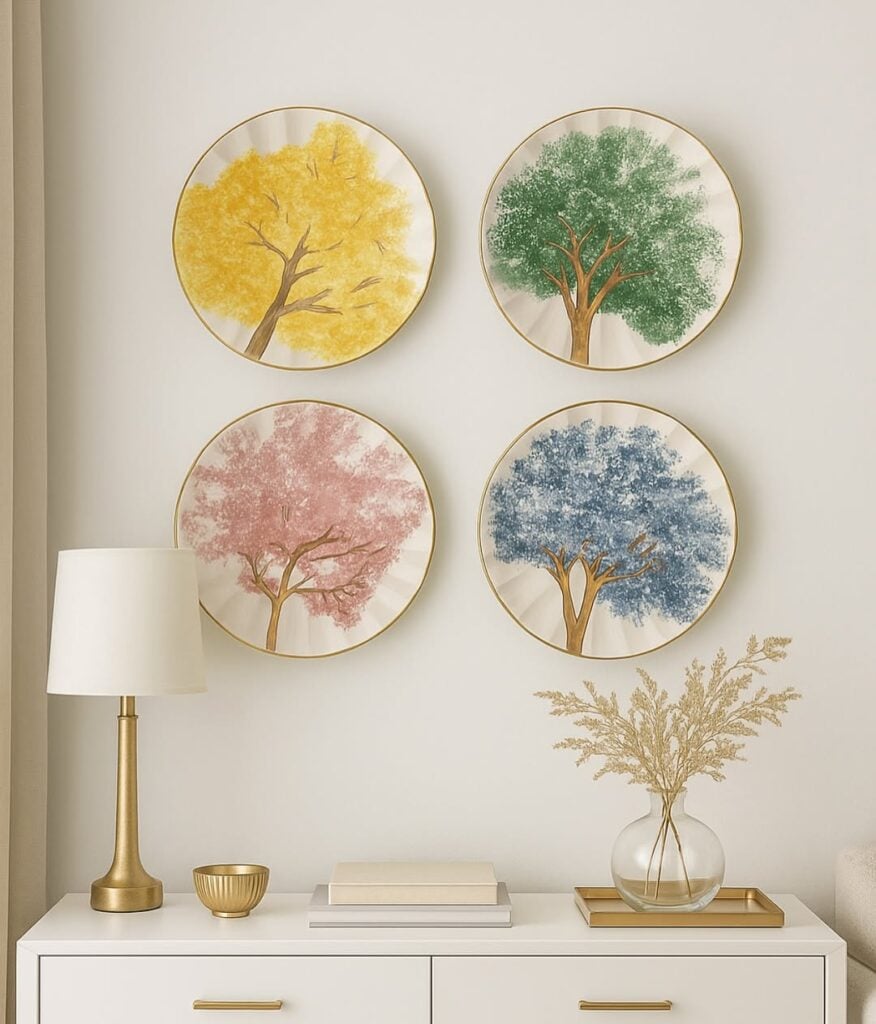 Aparador branco com itens decorativos dourados e pratos na parede com árvores