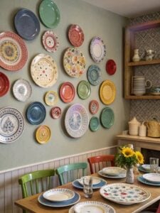 Sala de jantar com cadeiras coloridas e pratos diversos na parede