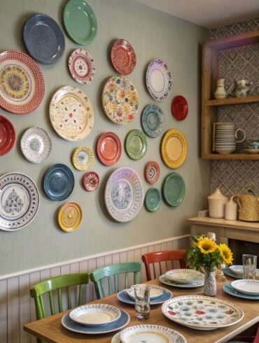 Sala de jantar com cadeiras coloridas e pratos diversos na parede