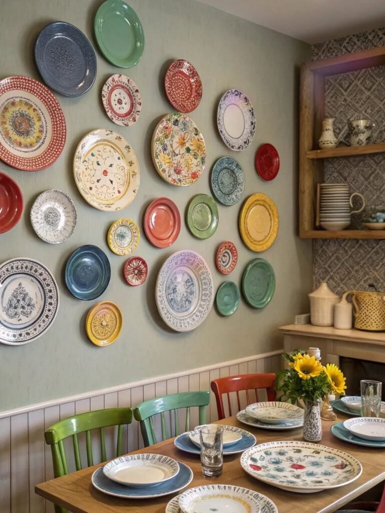 Sala de jantar com cadeiras coloridas e pratos diversos na parede