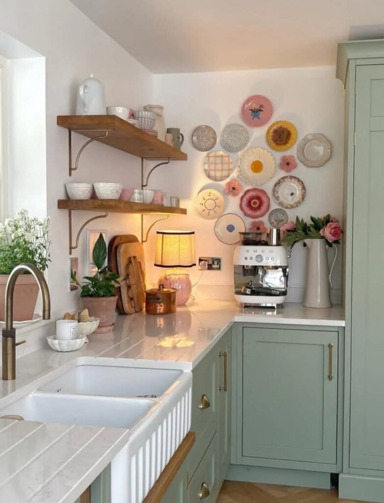 Cozinha com armários cinza e bancada branca, prateleiras de madeira e pratos decorativos