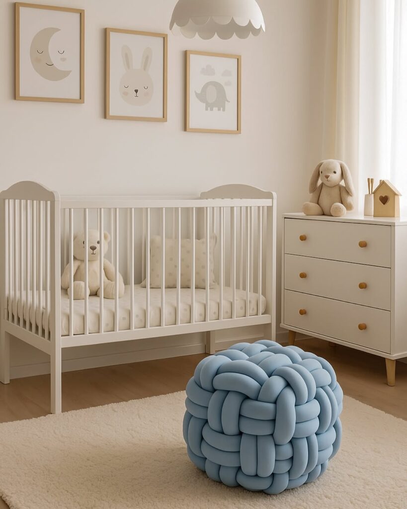 Quarto de bebê com móveis brancos, quadrinhos na parede e pufe azul